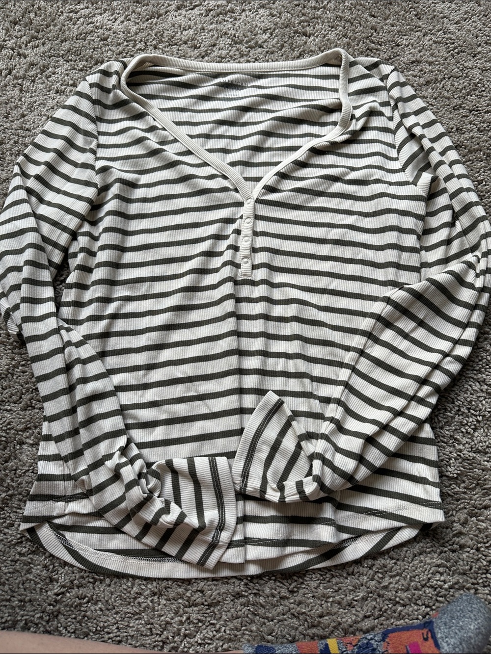 American Eagle Outfitters Cream & Olive Stripe Henley Long-Sleeve Top
